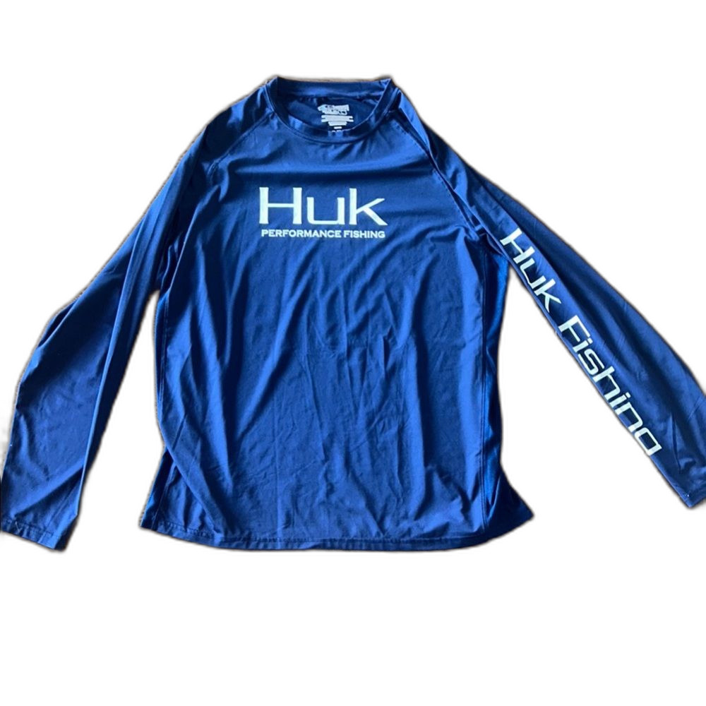 Huk Shirt Mens Large 42 44 Long Sleeve Performance Top Outdoors Fish Navy Blue